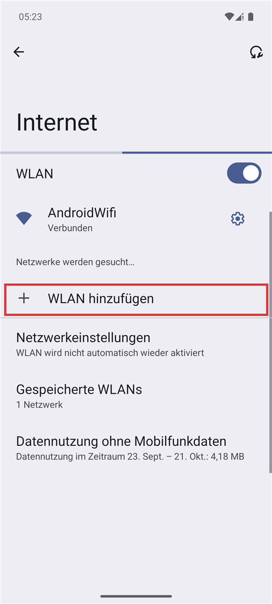 Internet-Einstellungen mit markiertem Eintrag WLAN hinzufügen