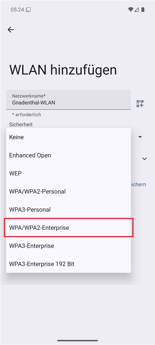 Auswahlliste Sicherheit mit markiertem Eintrag WPA/WPA2-Enterprise