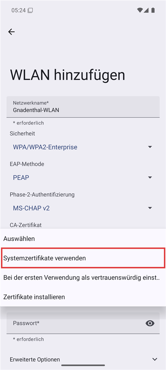 Auswahlliste CA-Zertifikat mit markiertem Eintrag Systemzertifikate verwenden