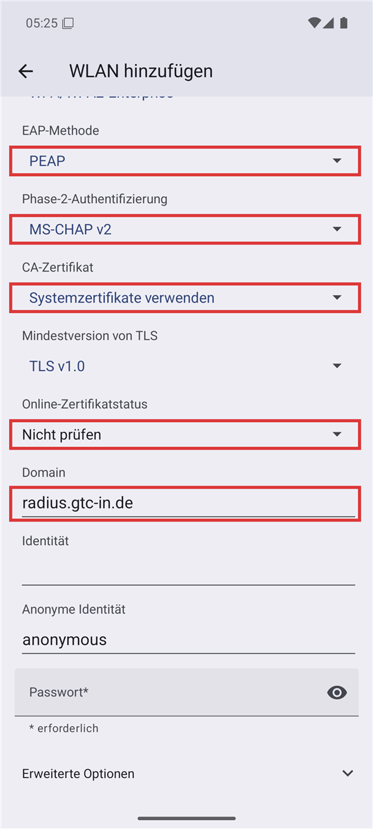Eingabemaske mit markierten Feldern EAP-Methode, Phase 2, CA-Zertifikat, Online-Zertifikatstatus und Domain