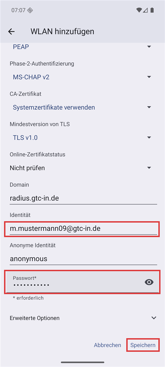 Eingabemaske mit markierten Feldern Identität und Passwort sowie dem Knopf Speichern